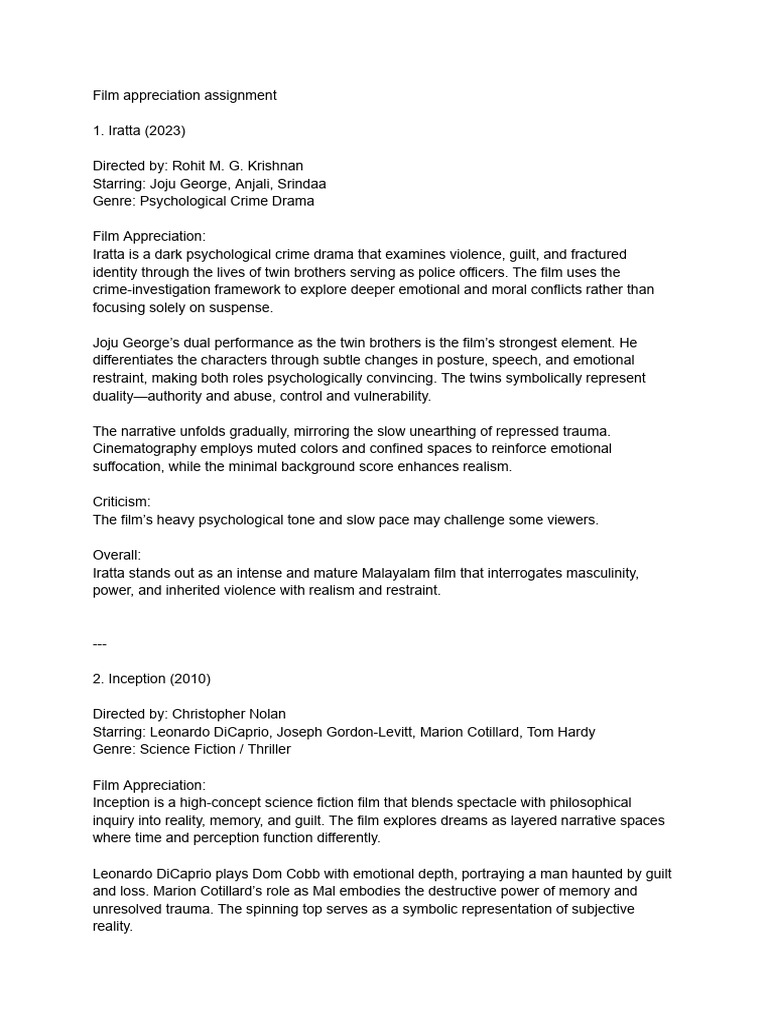 Film Appreciation Assignment | PDF