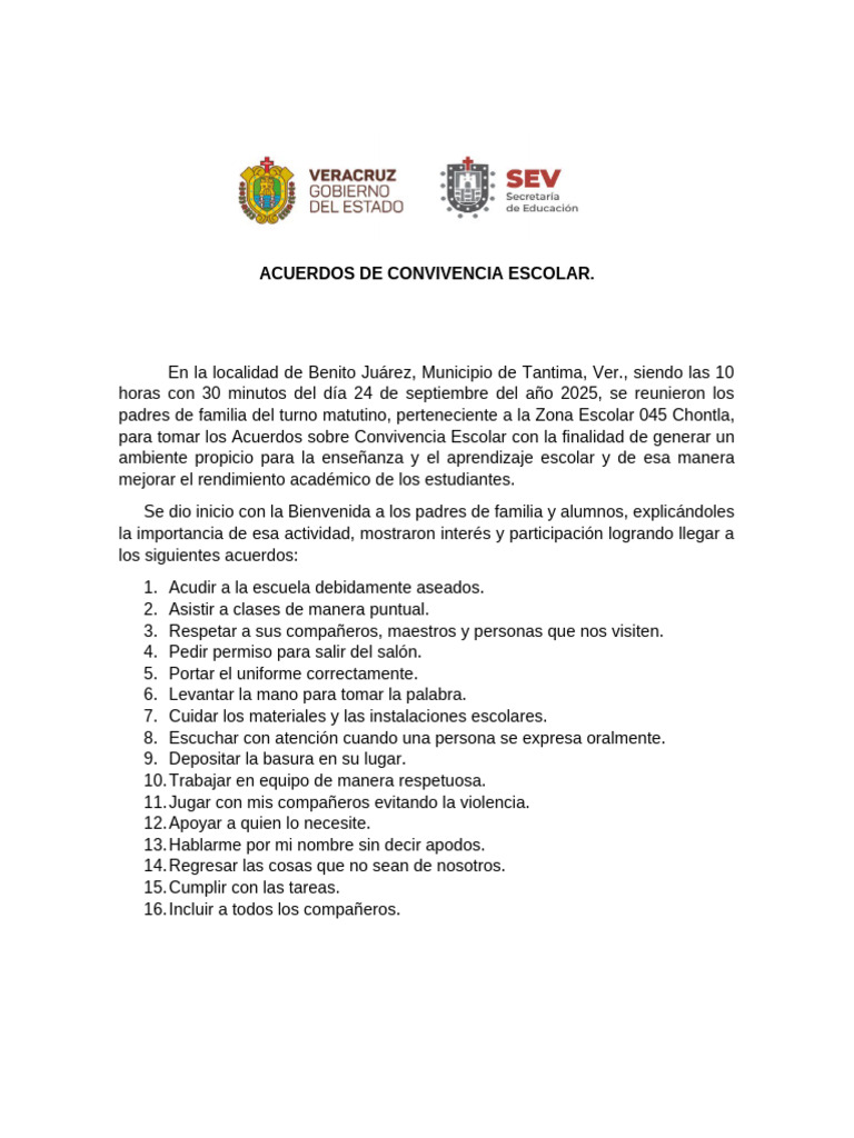 Acuerdos de Convivencia Escolar 2025 | PDF