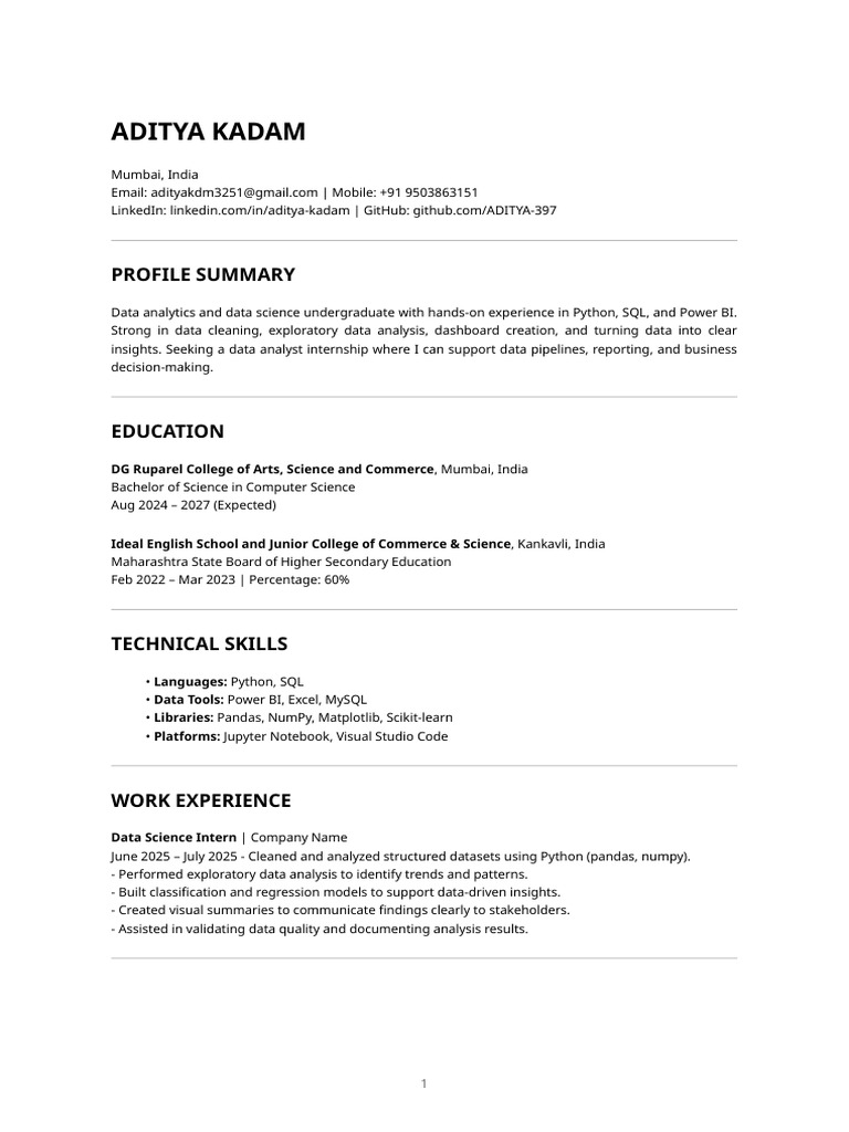 Data Analyst Internship Resume | PDF | Data Analysis | Data