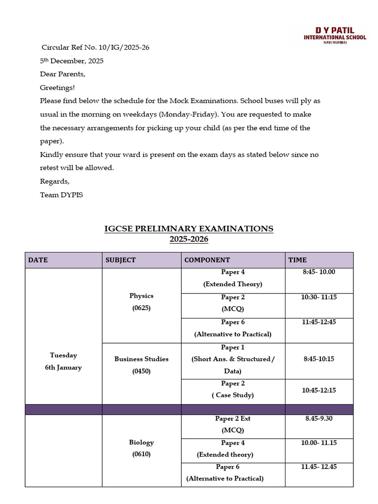 IGCSE Mock Exam Schedule 2025-26 | PDF