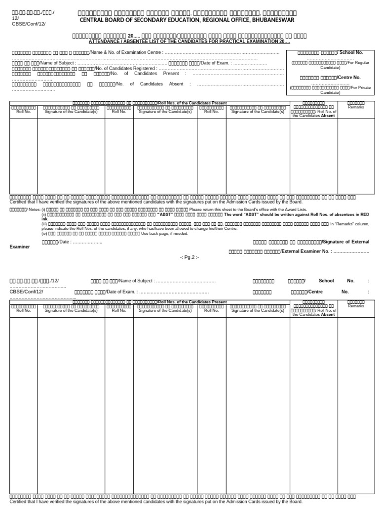 Conf-12-Proforma For Prac-Attendance - Absentee List For Practical Exam ...