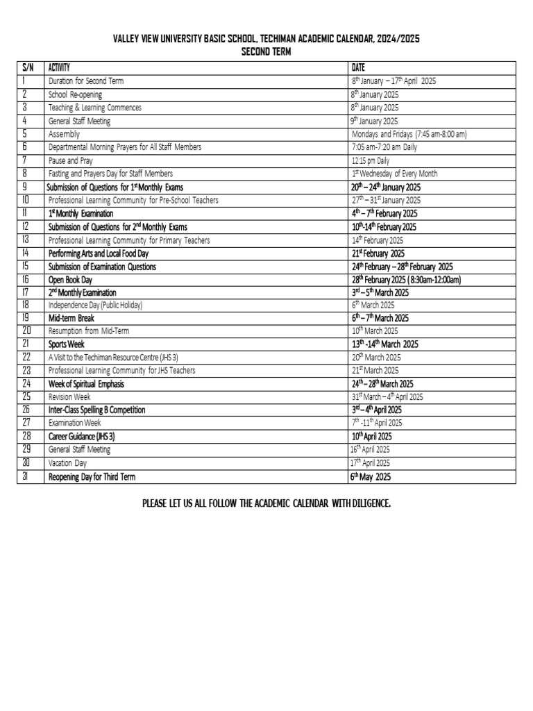 Valley View University 2024/2025 Term 2 Calendar | PDF | Academic Term ...