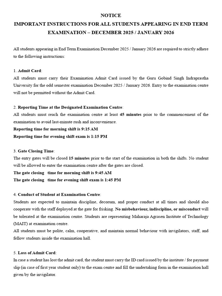 Instruction For The Students Appearing in End Term Examination Dec 25 ...