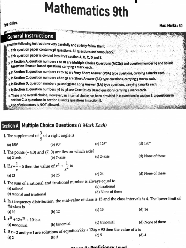 9th Sample Paper For Maths | PDF