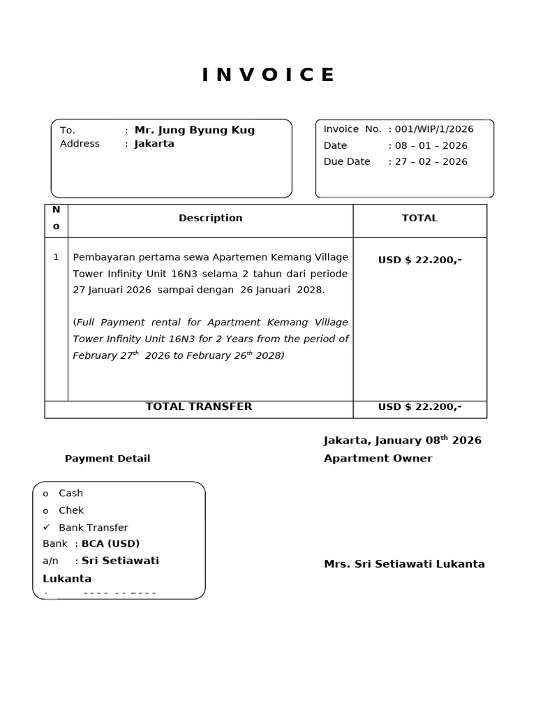 Apartment Rental Invoice for Kemang Village | PDF | Foreign Exchange ...