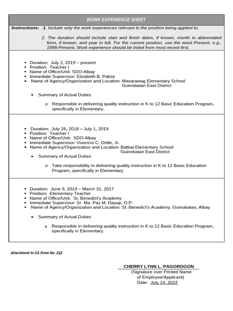 Work Experience Sheet (Ladia-Pagorogon) CSC Form No. 212 | PDF
