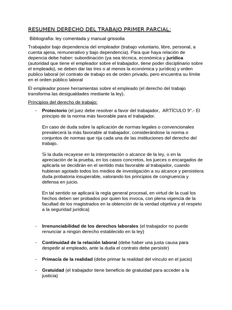 Resumen Derecho Del Trabajo Primer Parcial | PDF | Derecho laboral ...