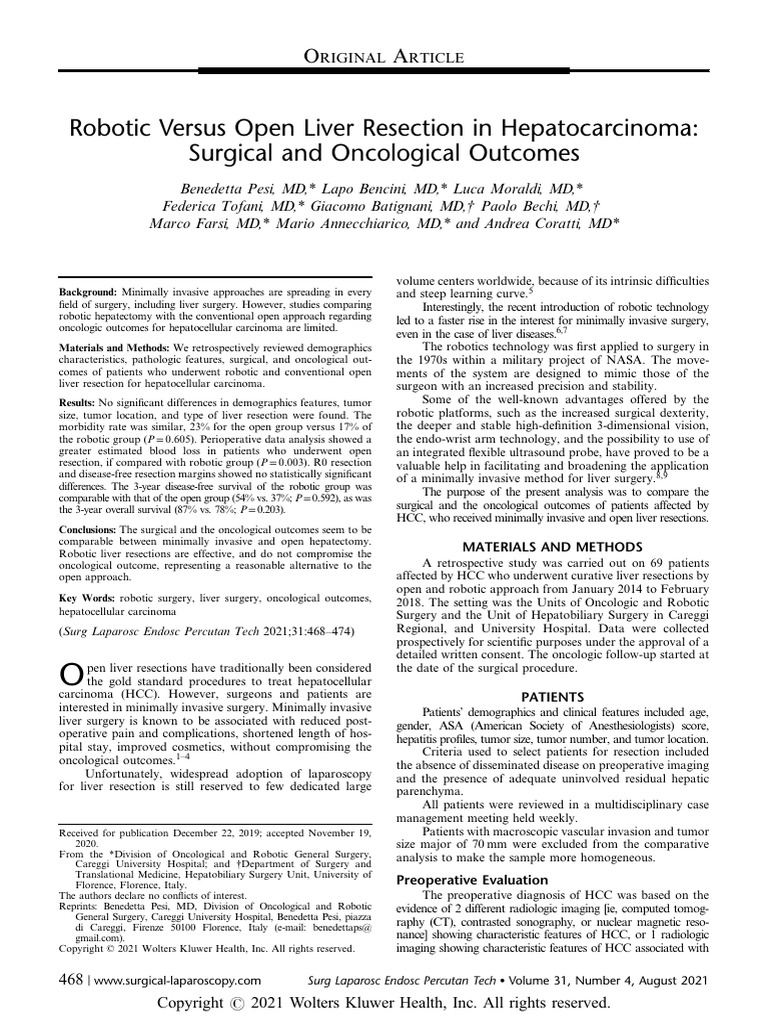 Robotic vs Open Liver Resection Outcomes | PDF | Surgery | Oncology
