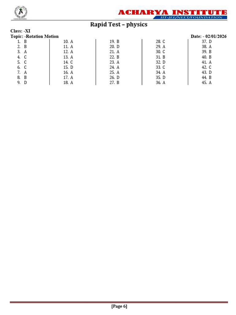 Rotation Motion - Answer Key & Solution | PDF