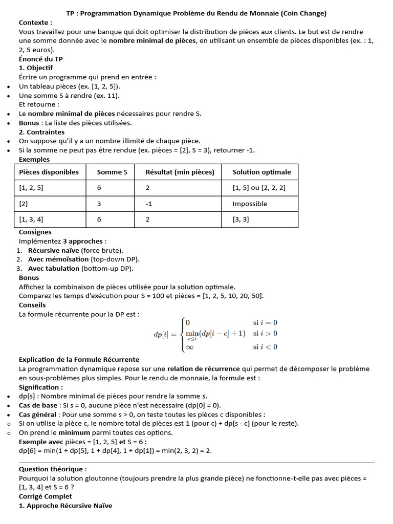 Programmation Dynamique : Rendu de Monnaie | PDF | Programmation ...
