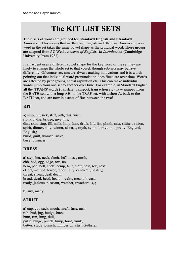 The Kit List - Lexical Sets - TheT 25142 Acting 4 WINTER 2025 | PDF
