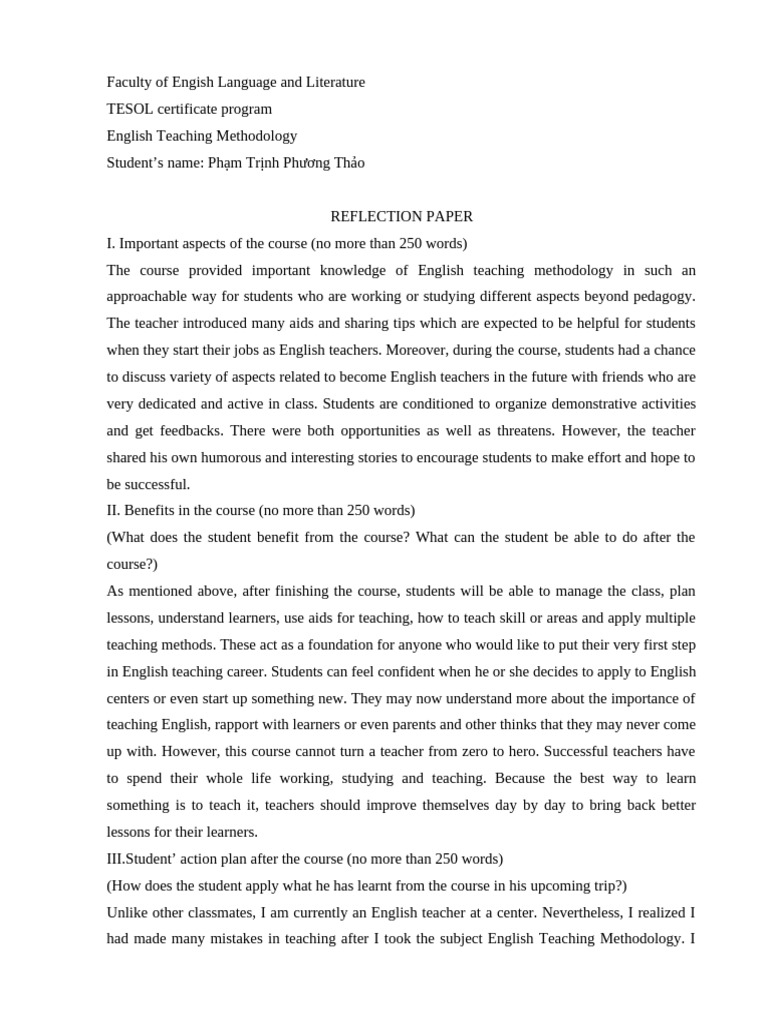 Reflection Paper (Pham Trinh Phuong Thao) | PDF | Teachers | English As ...