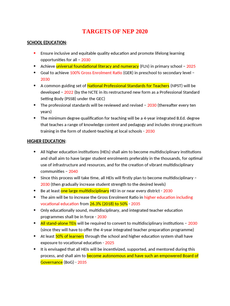 NEP 2020 Education Targets Overview | PDF