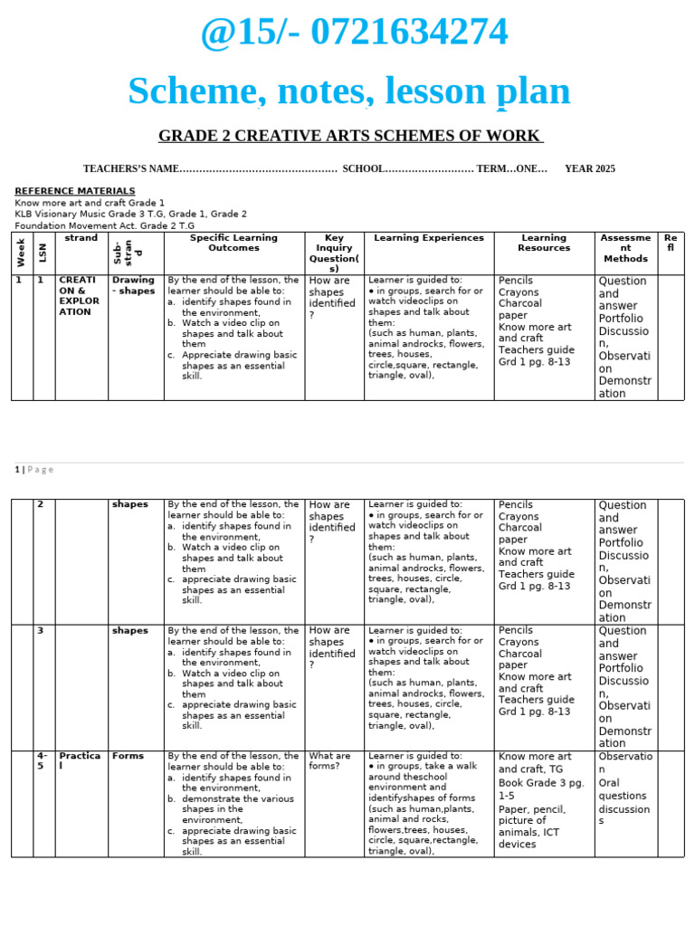 Grade 2 Creative Arts Lesson Plans | PDF | Learning | Educational ...