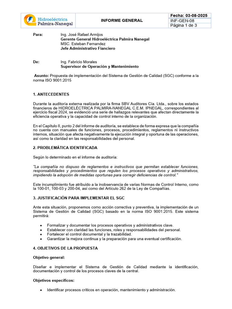 Propuesta SGC ISO 9001 para Hidroeléctrica | PDF | Sistema de manejo de ...