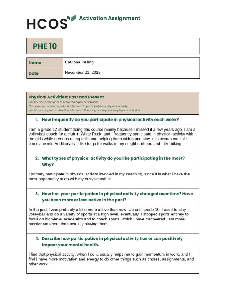 Physical Activity Reflection and Planning | PDF