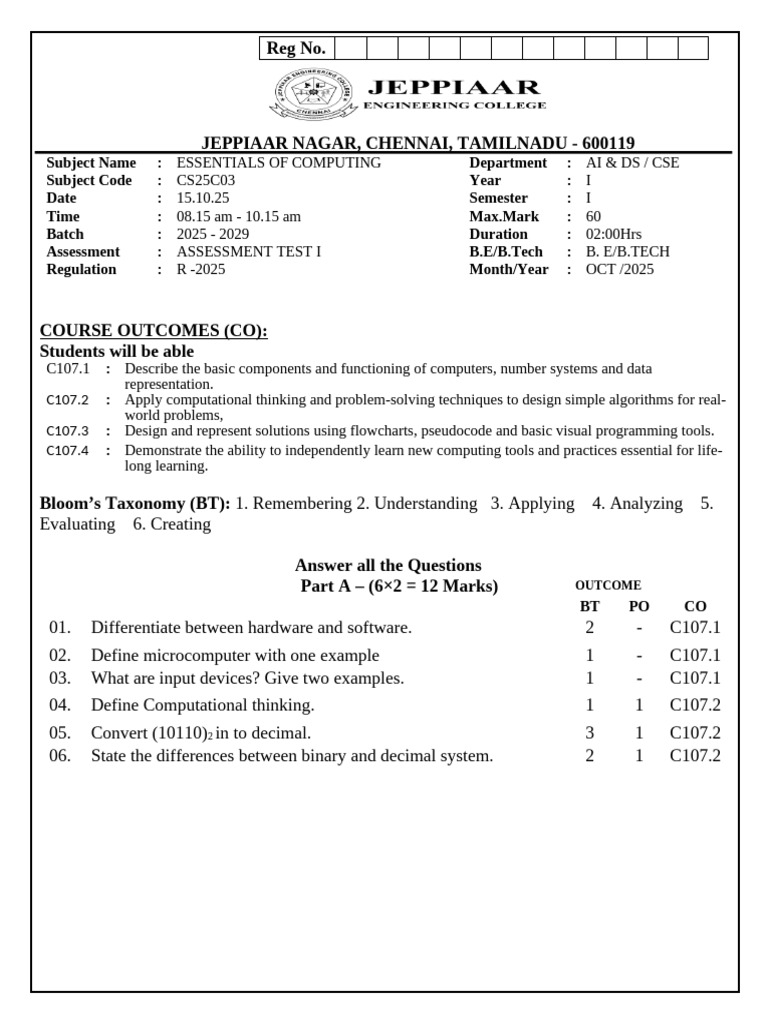Cs25c03-Iat I QP 2025-Set B | PDF | Computing | Computer Science