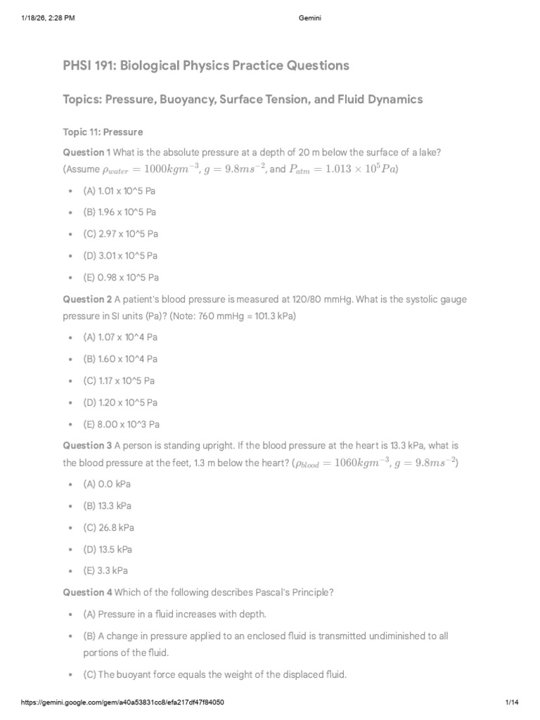 Biological Physics Practice Questions | PDF | Pressure | Fluid Mechanics