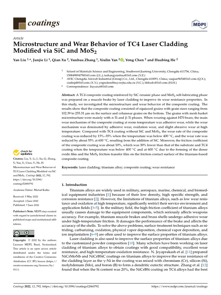 TC4 Laser Cladding: SiC & MoS2 Wear Study | PDF | Wear | Titanium