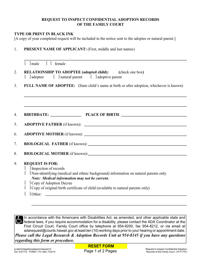 Adoption Records Inspection Request Form | PDF | Adoption | Parent