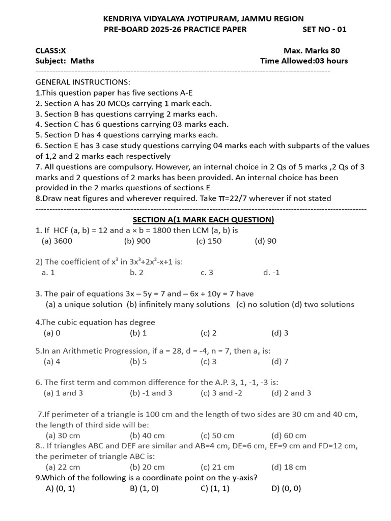 Class X Maths Pre-Board Practice Paper | PDF | Circle | Area