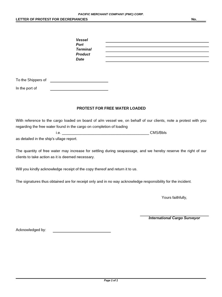 Protest Letter for Cargo Water Discrepancies | PDF