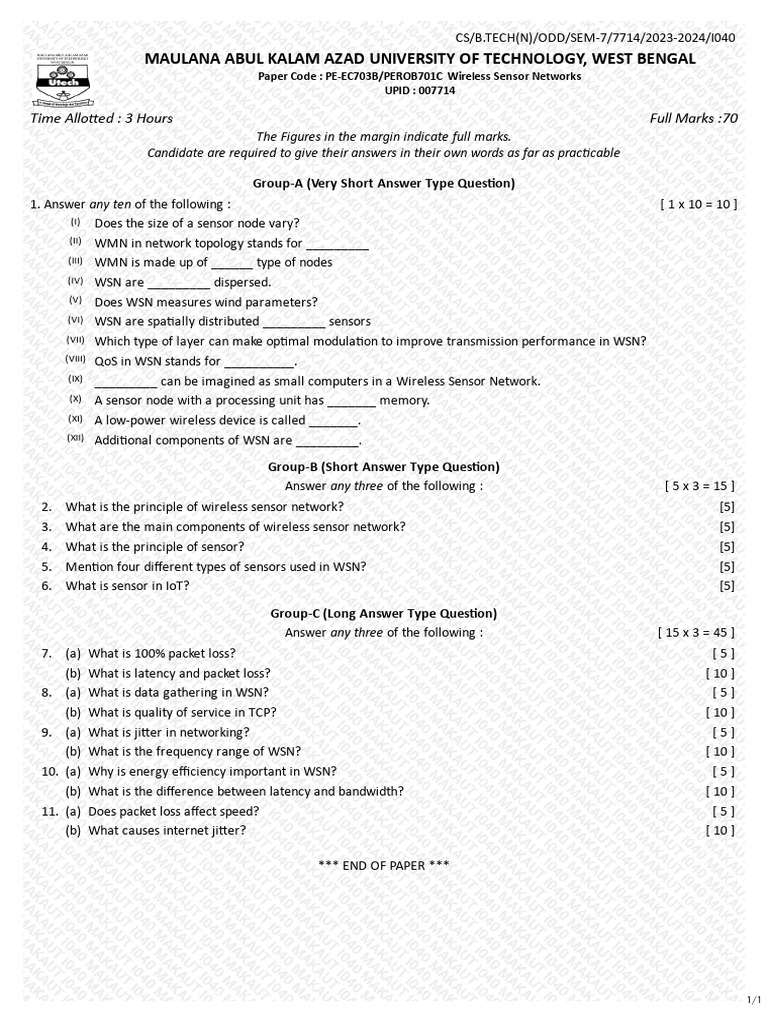 Wireless Sensor Networks Exam Paper | PDF | Wireless Sensor Network ...