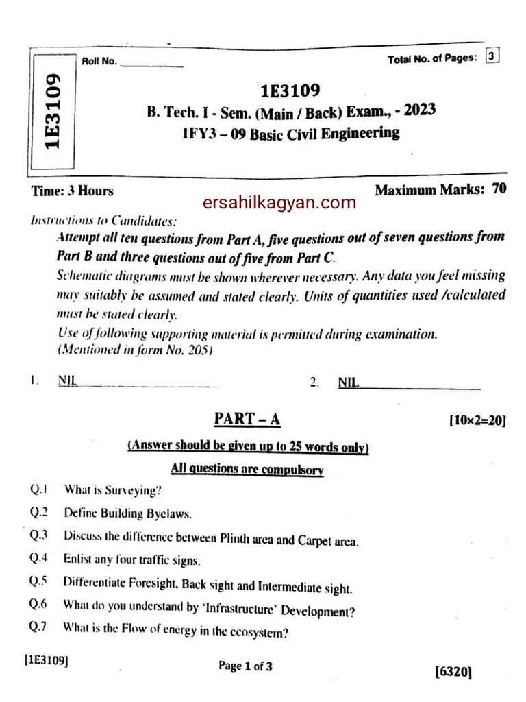 Btech 1 Sem Basic Civil Engineering 1e3109 2023 | PDF