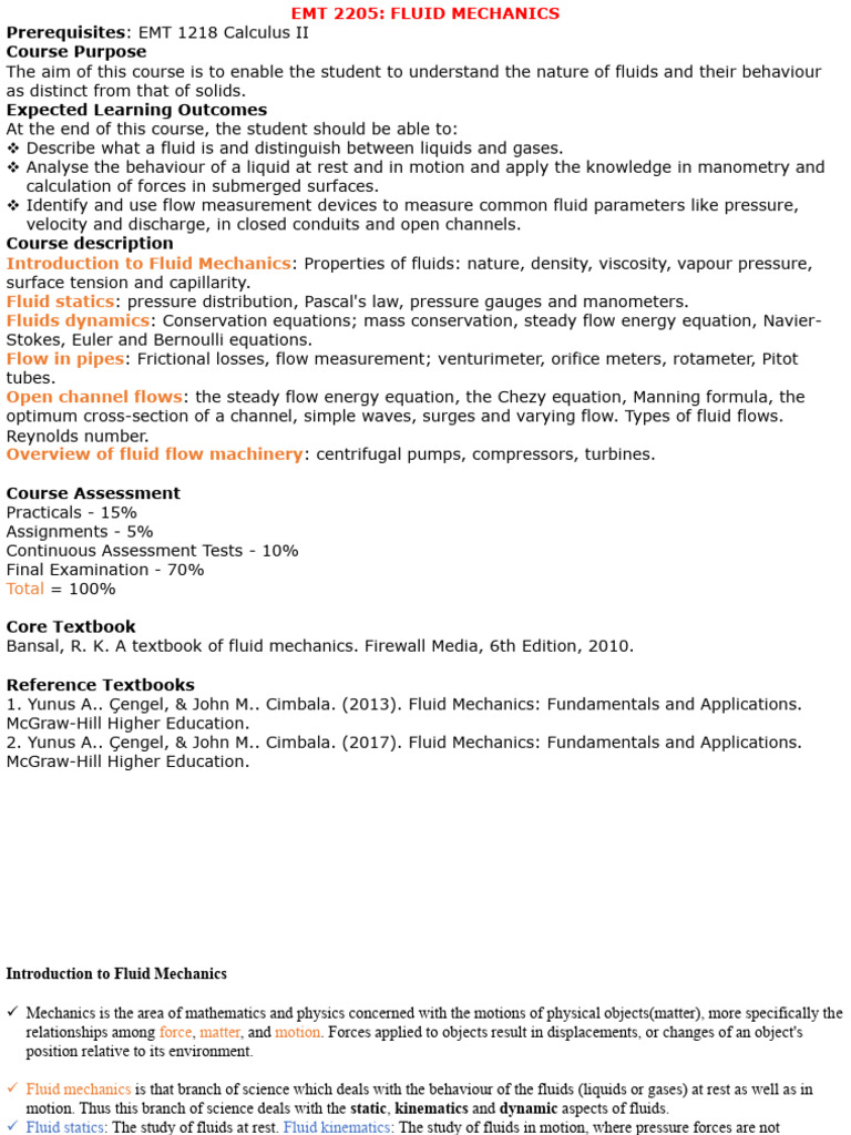 Fluid Mechanics Course Overview and Concepts | PDF | Fluid | Shear Stress