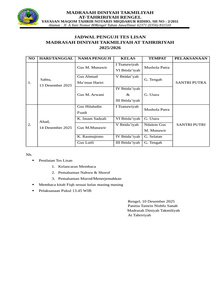 Jadwal Ujian Lisan Madrasah 2025/2026 | PDF