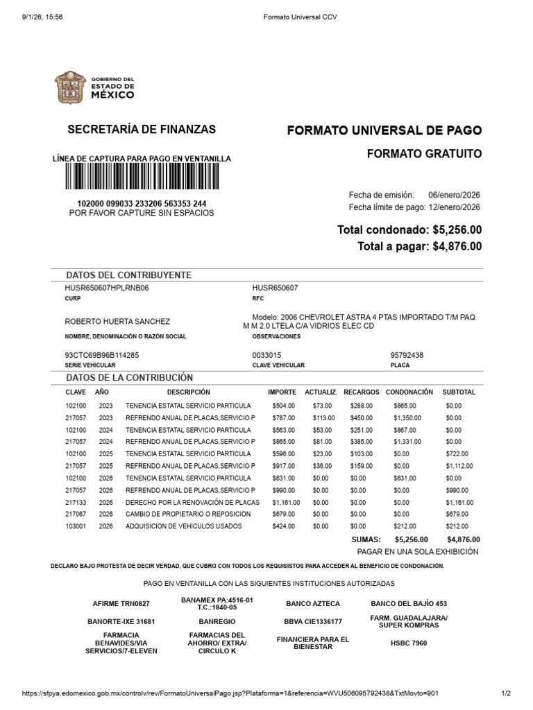 Formato Universal de Pago Tenencia 2026 | PDF | Bancos | Finanzas ...