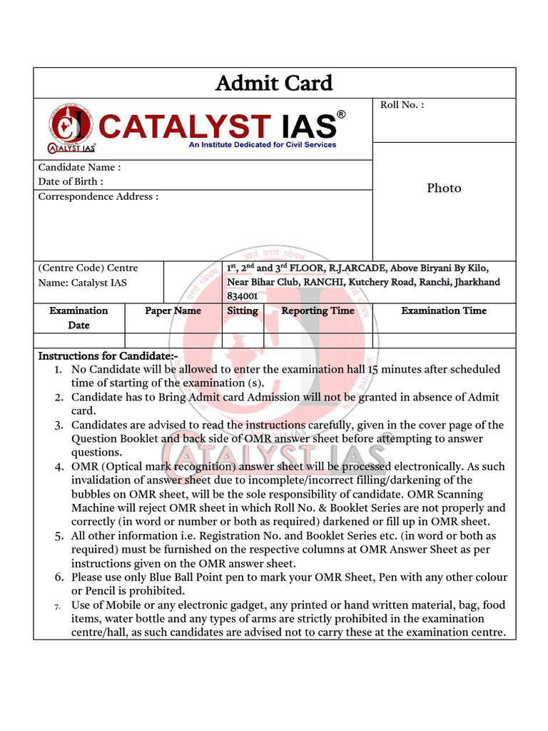 Admit Card Instructions for Candidates | PDF