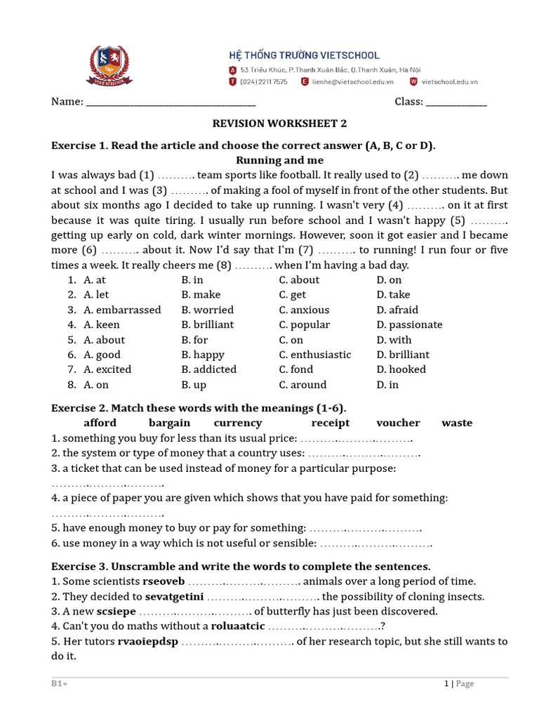 Revision Worksheet for English Exercises | PDF