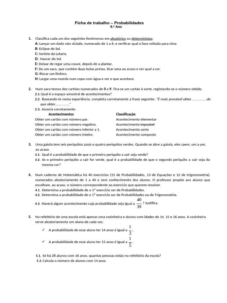 Probabilidades: Exercícios para 9.º Ano | PDF