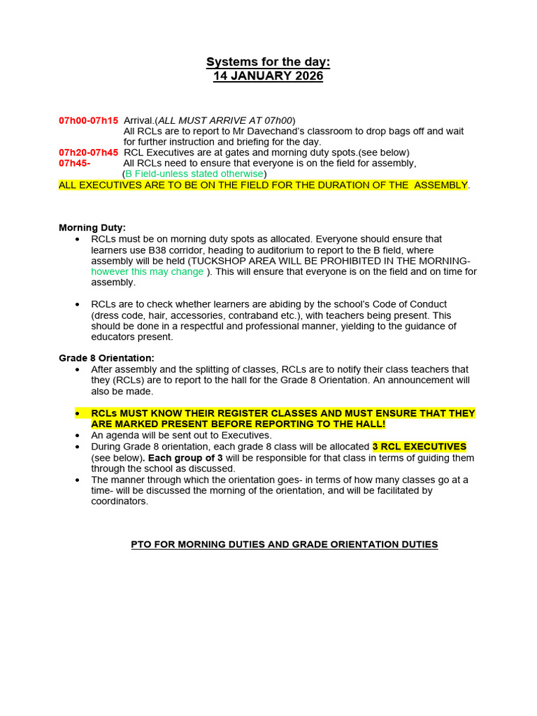 RCL Executives Morning Duty Roster and GRD 8 Orientation | PDF | Learning