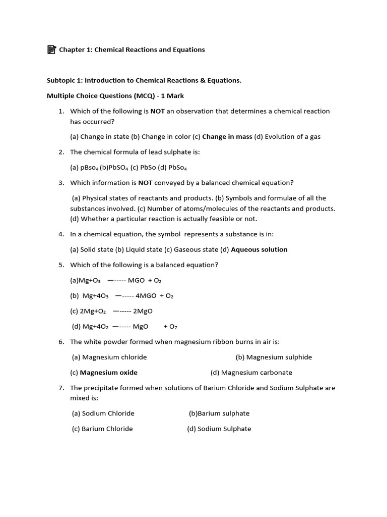 Chemical Reactions and Equations MCQs | PDF | Redox | Chemical Reactions
