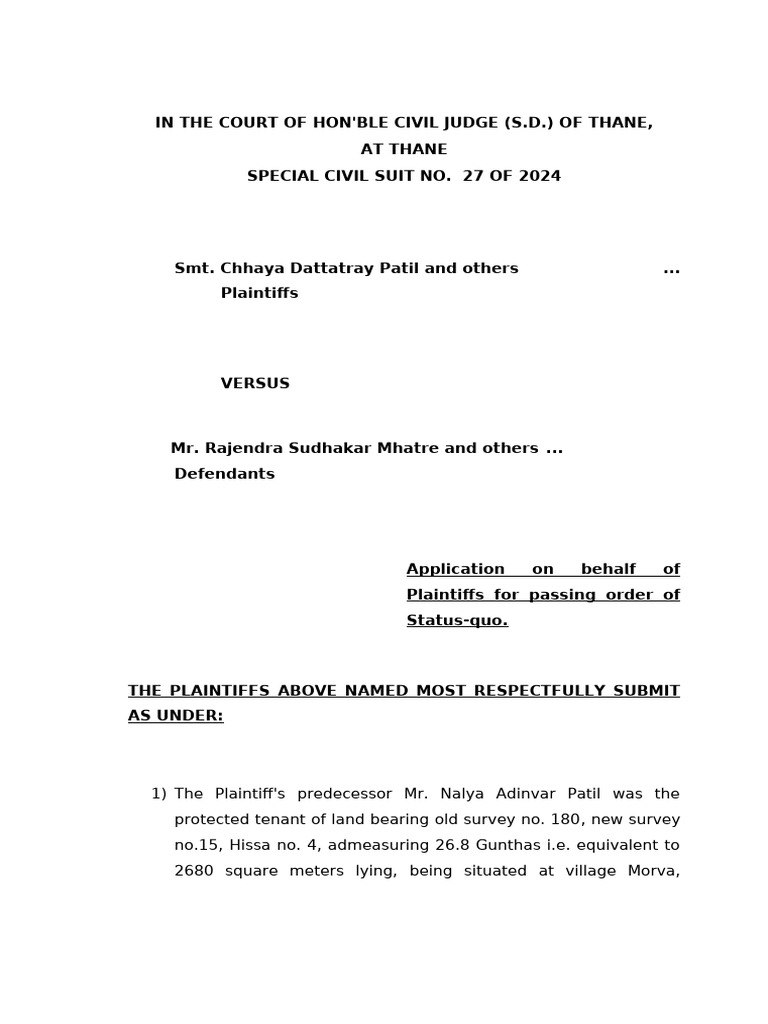 Status-Quo Application in Civil Suit 27/2024 | PDF | Power Of Attorney ...