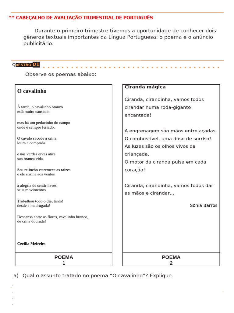 Avaliação Trimestral de Português | PDF
