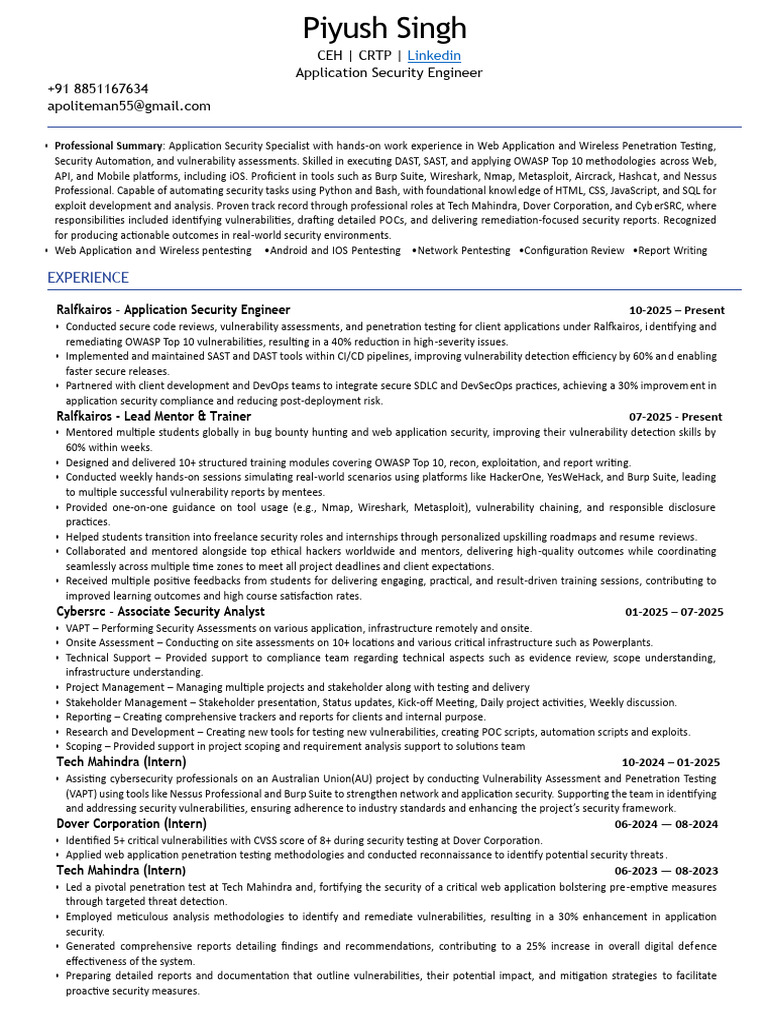 Application Security Engineer Profile | PDF | Penetration Test ...