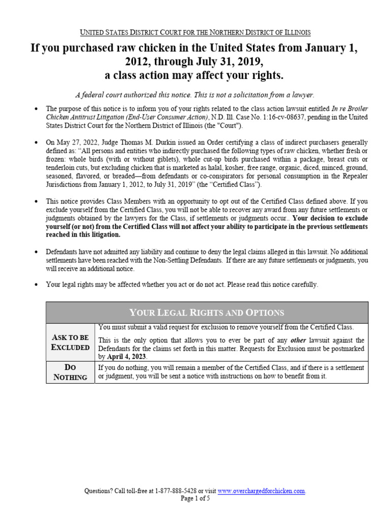 Broiler Chicken Class Action Notice | PDF | Lawsuit | Class Action