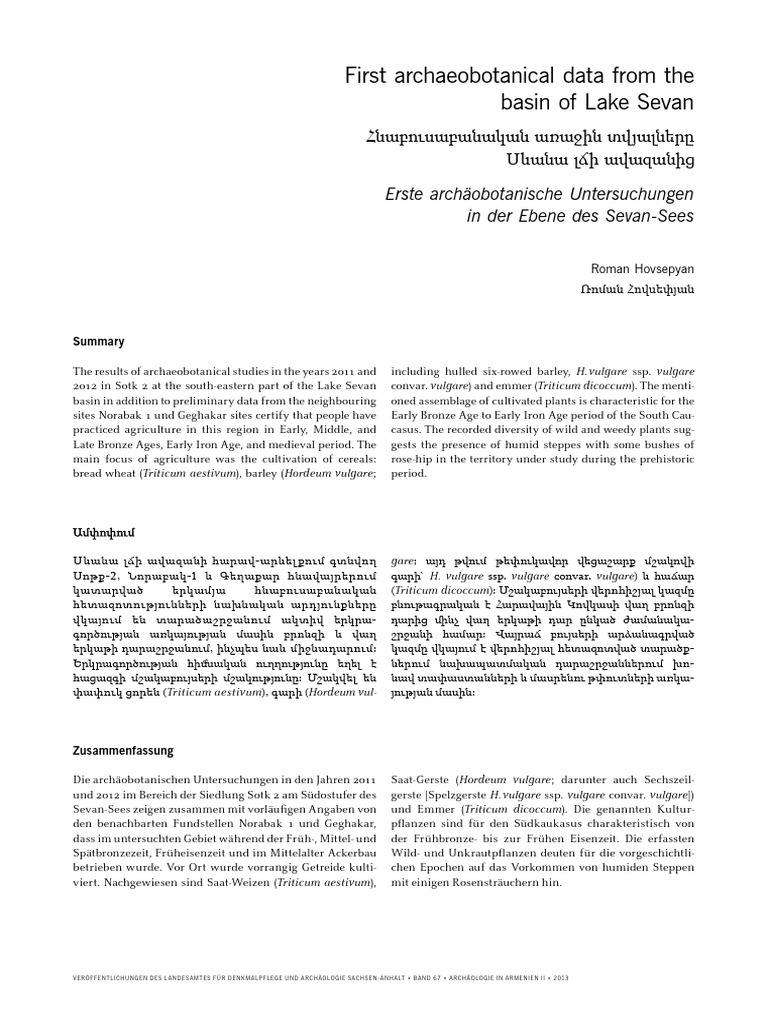 First Archaeobotanical Data From The Basin of Lake Sevan | PDF | Wheat ...