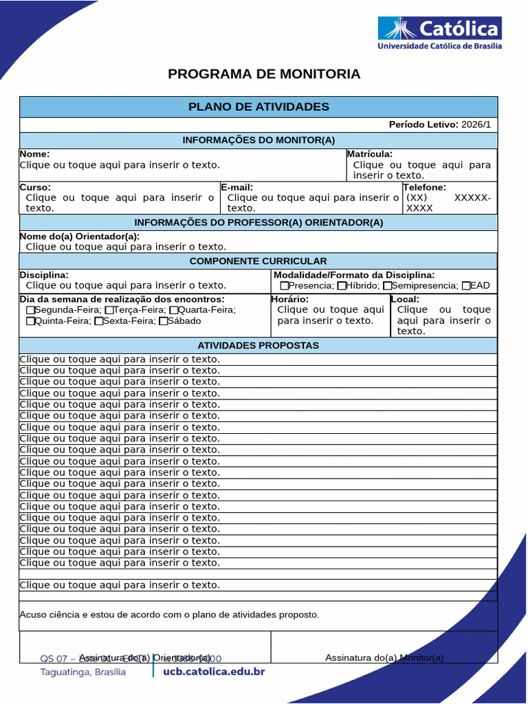 Plano de Atividades de Monitoria 2026/1 | PDF