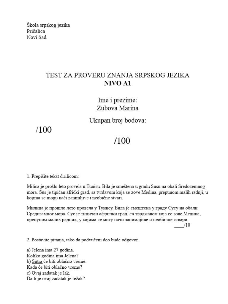 Test Srpskog Jezika A1-Diktat | PDF