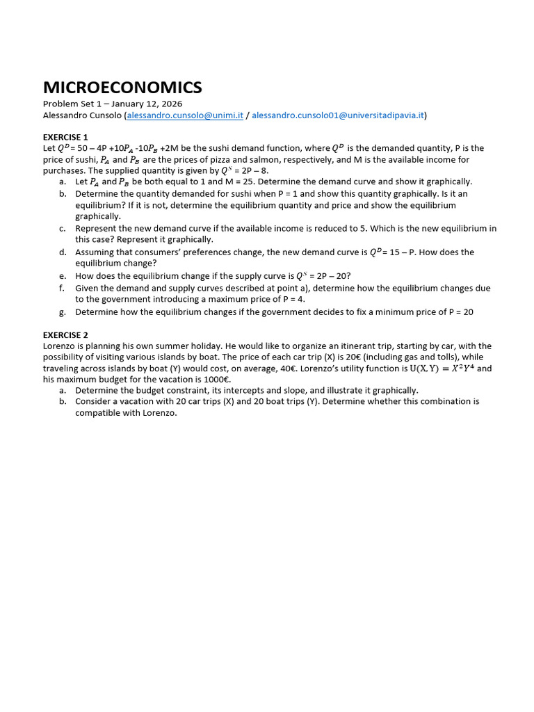 Microeconomics Problem Set: Demand & Supply | PDF
