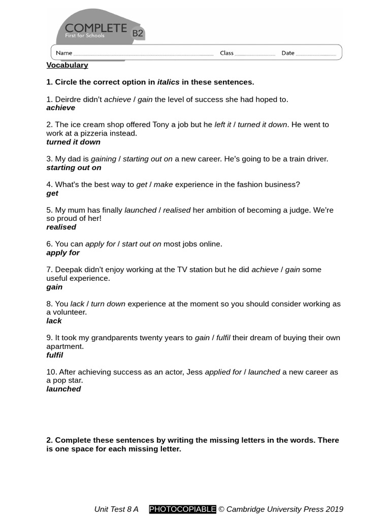 Vocabulary and Grammar Practice Test | PDF