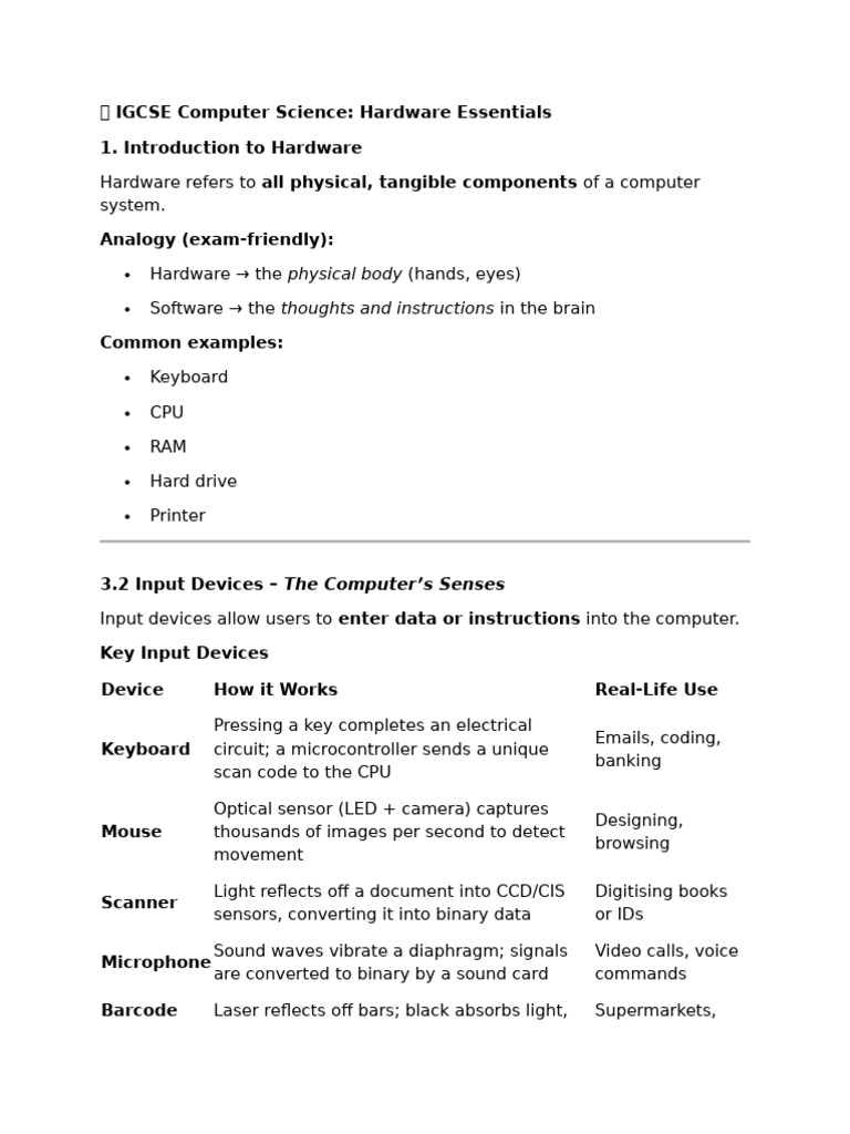IGCSE Computer Science: Hardware Guide | PDF | Computer Data Storage ...