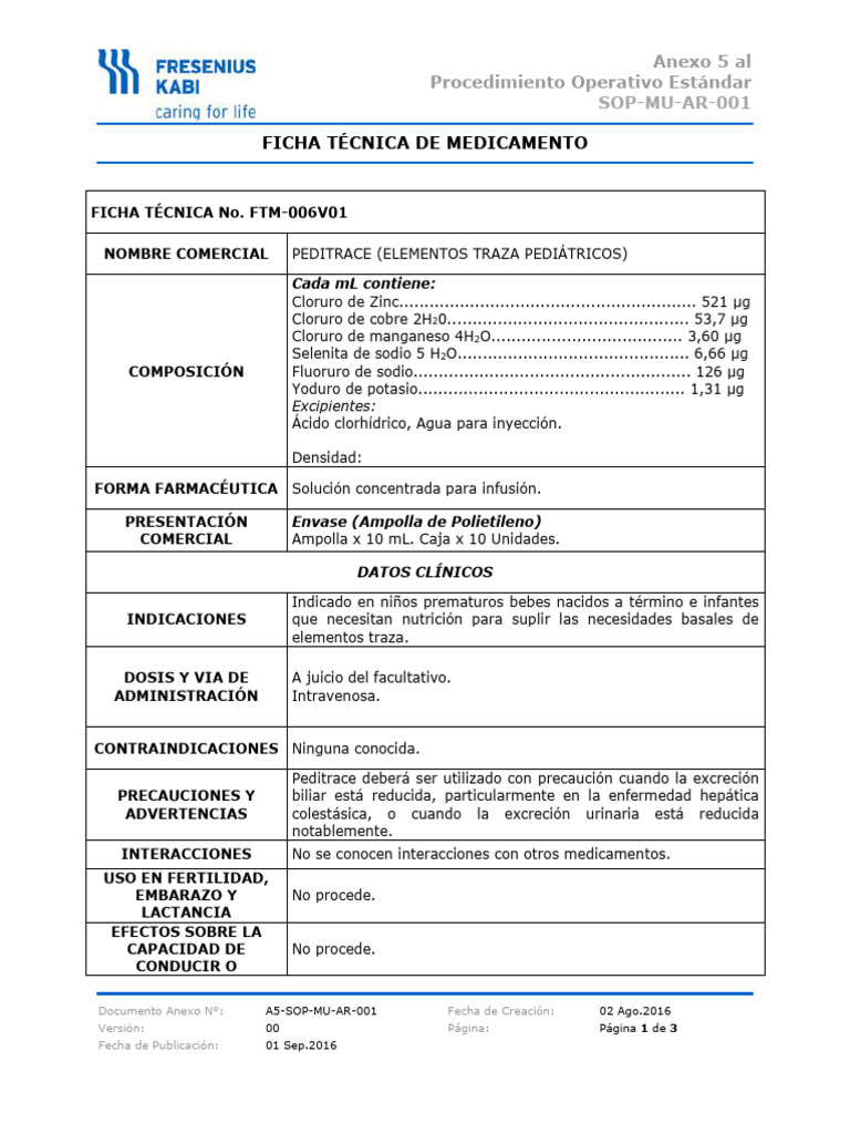 Ficha Técnica de Peditrace para Niños | PDF | Medicamentos con receta ...