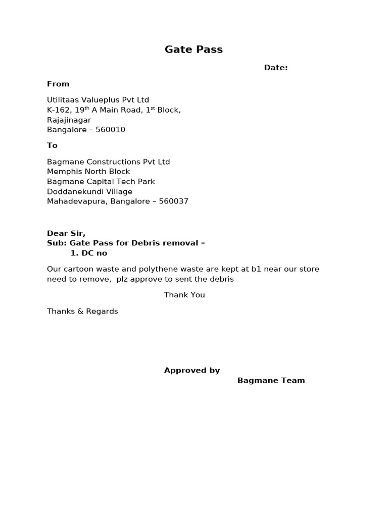 Gate Pass for Debris Removal Request | PDF