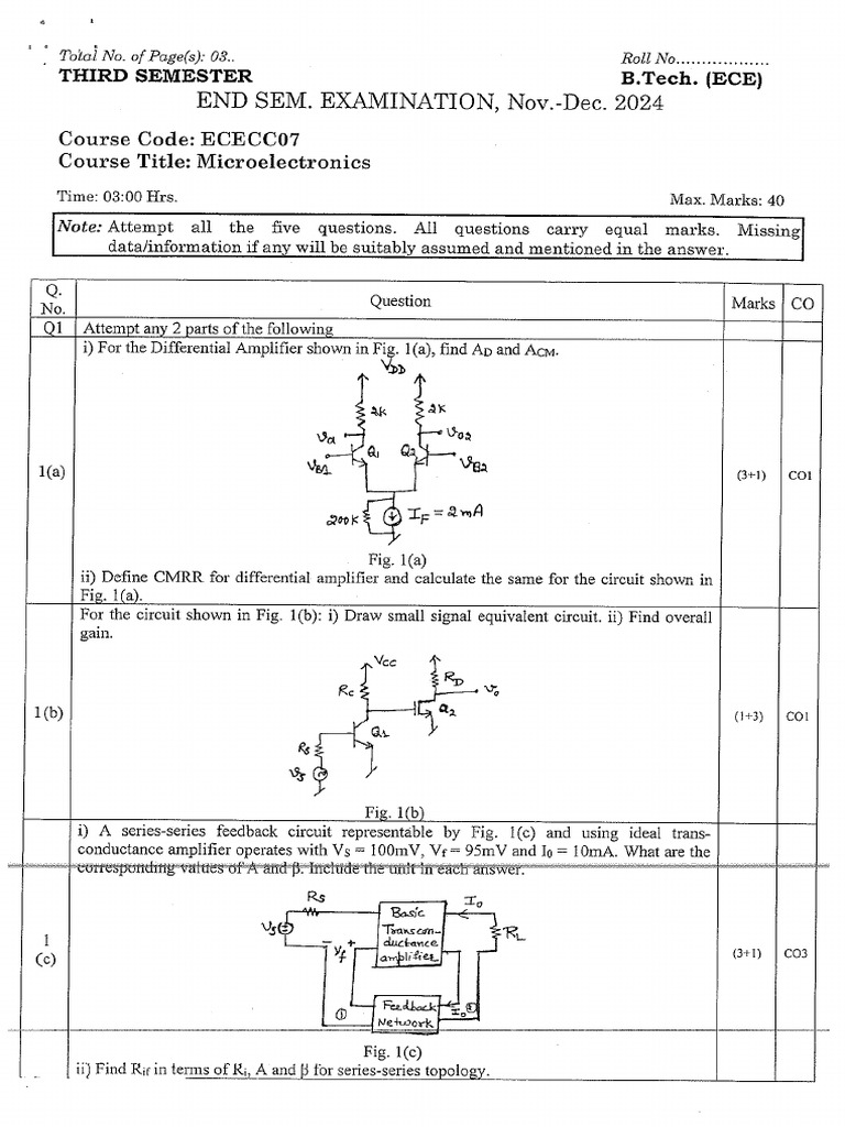 B.Tech ECE Microelectronics Exam Paper | PDF | Amplifier | Electronic ...