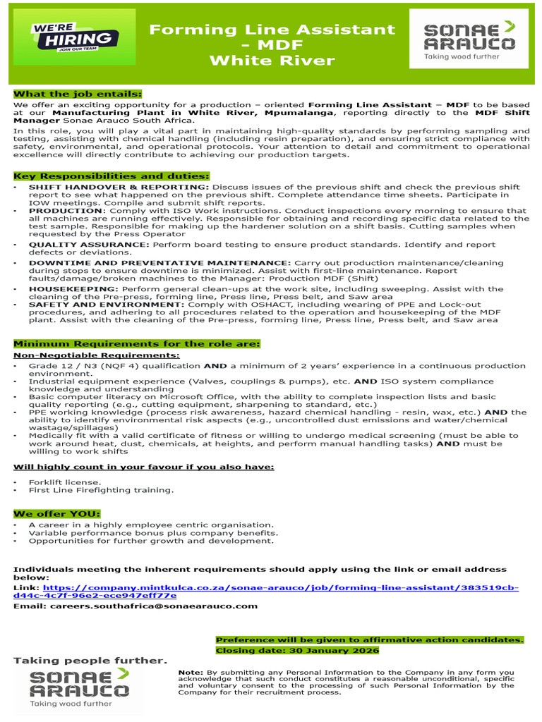 Forming Line Assistant Job in White River | PDF | Safety